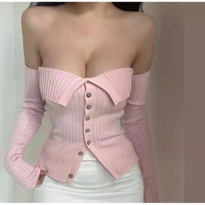 Off-the-shoulder pink sleeveless knit top