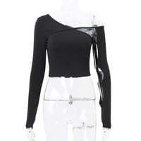 Street style slanted neck hollow cutout slim fit long sleeve top T-shirt - Thumbnail 1