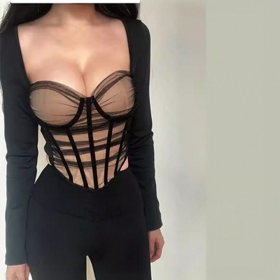 Mesh fitted underwire padded long-sleeved top