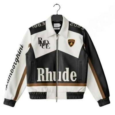 Rhude – Lamborghini White Leather Bomber Racing Jacket for Men