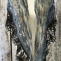 Wool Ilvy Shawl in "Rip Wheeler" yarn, with blue and charcoal gray trim - Thumbnail 2