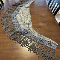 Wool Ilvy Shawl in "Rip Wheeler" yarn, with blue and charcoal gray trim - Thumbnail 4