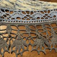 Wool Ilvy Shawl in "Rip Wheeler" yarn, with blue and charcoal gray trim - Thumbnail 5