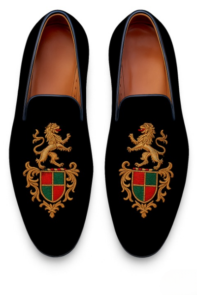 Crafted Leather Classic Herald Black Velvet Loafers Men Shoes 