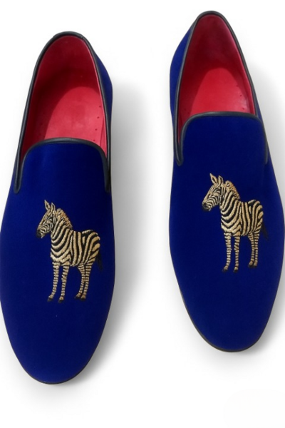 Crafted Leather Classic Zebras Blue Velvet Loafers Men Shoes 