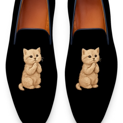 Crafted leather classic cute praying cat black velvet loafers women shoes  - Thumbnail 5