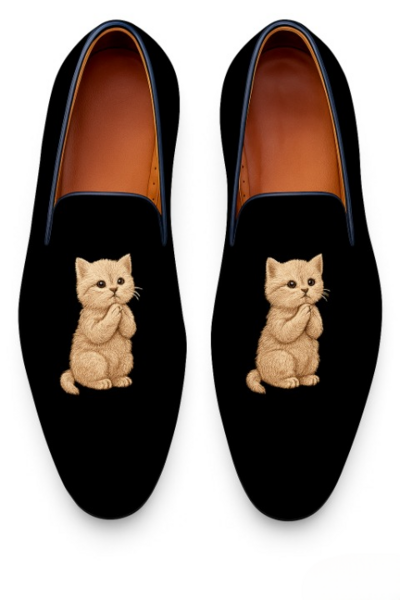 Crafted Leather Classic Cute Praying Cat Black Velvet Loafers Women Shoes 