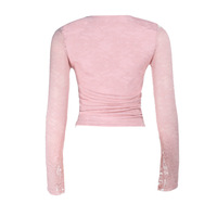 Lace-trimmed V-neck solid color long-sleeved top - Thumbnail 1