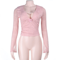 Lace-trimmed V-neck solid color long-sleeved top - Thumbnail 2