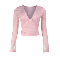 Lace-trimmed V-neck solid color long-sleeved top - Thumbnail 3