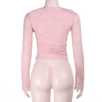 Lace-trimmed V-neck solid color long-sleeved top - Thumbnail 4