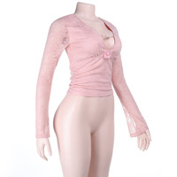 Lace-trimmed V-neck solid color long-sleeved top - Thumbnail 6