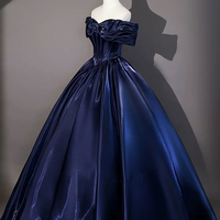 Navy Satin Long A Line Prom Formal Gown - Thumbnail 1