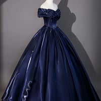 Navy Satin Long A Line Prom Formal Gown - Thumbnail 2