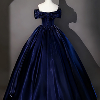 Navy Satin Long A Line Prom Formal Gown - Thumbnail 3