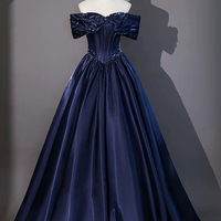 Navy Satin Long A Line Prom Formal Gown - Thumbnail 4