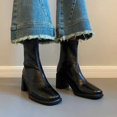 Geniune leather high-heeled elastic soft sole retro thick-heeled boots 2 colors