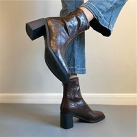 Geniune leather high-heeled elastic soft sole retro thick-heeled boots 2 colors - Thumbnail 5