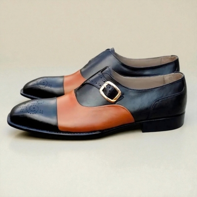  Crafted Leather Men’s Classic Brown Black Leather Monk Strap Dress Shoes