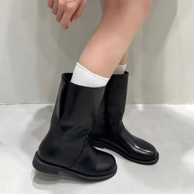 Women's round-toe mid-calf boots with thick heels 2 colors