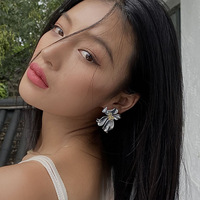 Versatile Metal Statement Jewelry Silver Flower Stud Earrings with Gold Center - Thumbnail 2