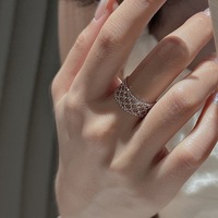 Vintage Style Silver Adjustable Ring, Lace Net Design with Sliding Chain, Plated Metal - Thumbnail 1