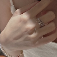 Vintage Style Silver Adjustable Ring, Lace Net Design with Sliding Chain, Plated Metal - Thumbnail 3