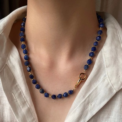 Irregular cut matte lapis lazuli beaded strand necklace, medieval style blue agate with gold accents