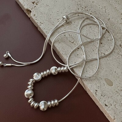 Sterling Silver Snake Chain Necklace with Sliding Beads, Adjustable Length, Modern Minimalist Design
