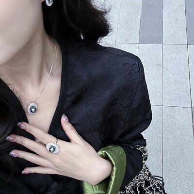 Ss925 sterling silver jewelry set with grey pearls moissanite diamond halo design, 3-piece necklace earrings ring set