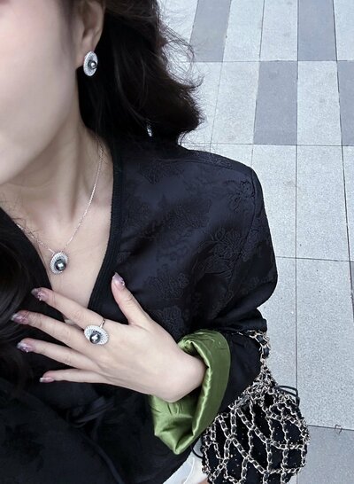 SS925 Sterling Silver Jewelry Set with Grey Pearls Moissanite Diamond Halo Design, 3-Piece Necklace Earrings Ring Set