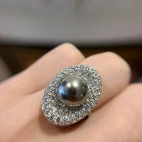 SS925 Sterling Silver Jewelry Set with Grey Pearls Moissanite Diamond Halo Design, 3-Piece Necklace Earrings Ring Set - Thumbnail 1