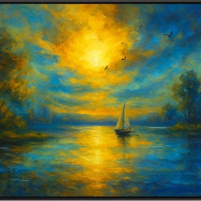 Golden serenity sunset sailboat on tranquil lake
