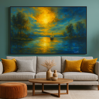 Golden Serenity Sunset Sailboat on Tranquil Lake - Thumbnail 4