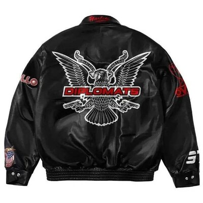 Harlem diplomats black leather bomber jacket for men - eagle patch hip hop streetwear leather jacket