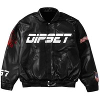 Harlem Diplomats Black Leather Bomber Jacket for Men - Eagle Patch Hip Hop Streetwear Leather Jacket - Thumbnail 1