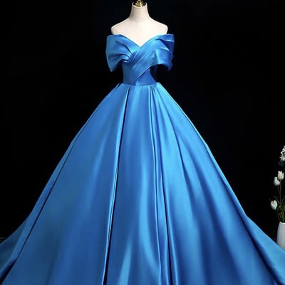 Blue satin long a-line prom party gown - Thumbnail 1