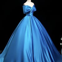 Blue Satin Long A-Line Prom Party Gown - Thumbnail 1