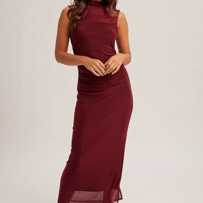 Mock neck ruched midi dress
