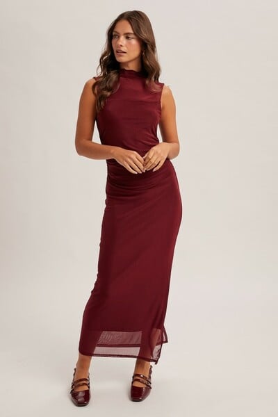 Mock Neck Ruched Midi Dress