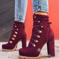  Women's Lace Up Studded Booties Suede Heels - Thumbnail 3