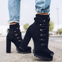  Women's Lace Up Studded Booties Suede Heels - Thumbnail 4