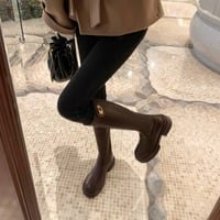 Women's genuine leather thick-soled gold buckle high boots retro knight boots - Thumbnail 5