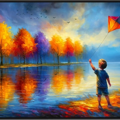 Child flying kite by autumn river