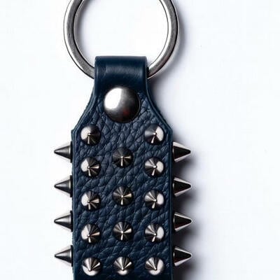Beautiful black leather silver cone stuuded keychain