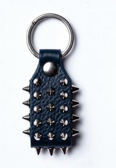 Beautiful Black Leather Silver Cone Stuuded Keychain