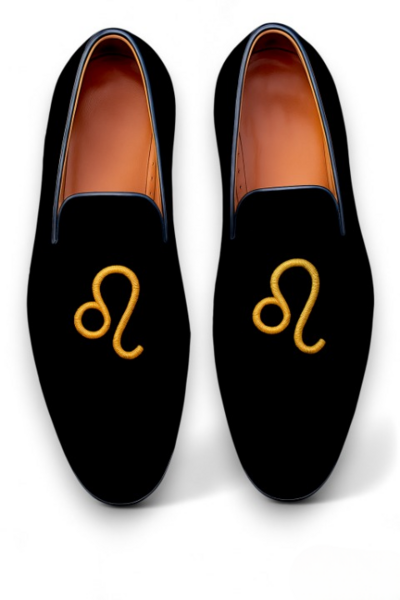 Crafted Leather Velvet '' LEO '' Astrological Sign Loafers Shoes Black 