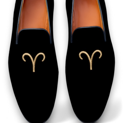 Crafted leather velvet '' aries '' astrological sign loafers shoes black 