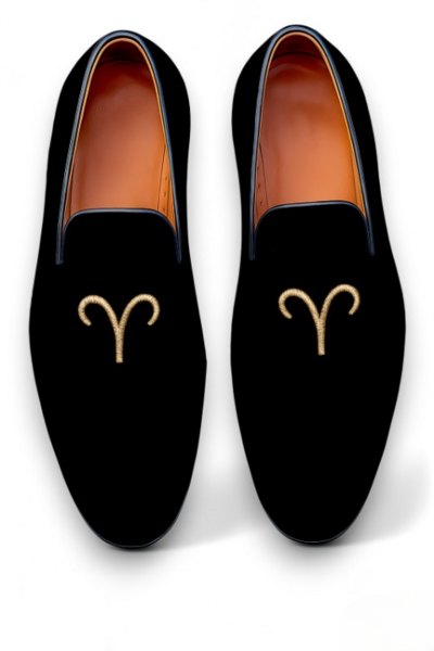 Crafted Leather Velvet '' ARIES '' Astrological Sign Loafers Shoes Black 