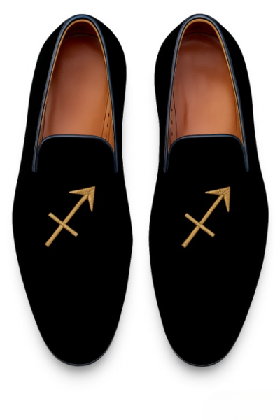 Crafted Leather Velvet '' Sagittarius '' Astrological Sign Loafers Shoes Black 